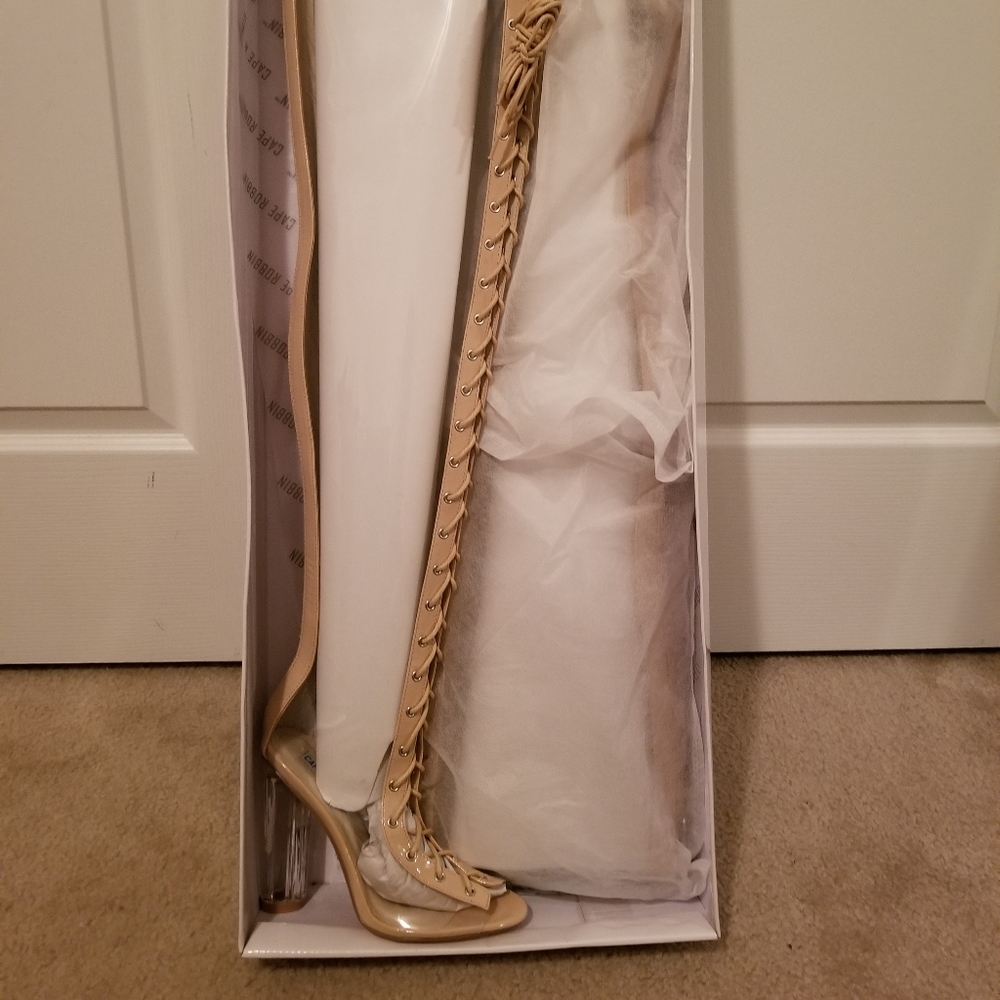 Sexy clear lace up peep toe knee high sandal